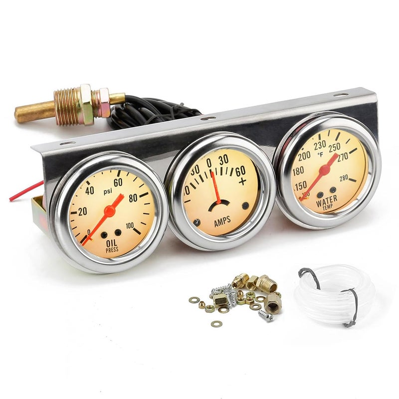 Dyno Racing مجموعة عدادات ثلاثية 2'' 52mm عالمية من الكروم 12V DC للسيارات، عداد ضغط الزيت، عداد درجة حرارة الماء فهرنهايت، مجموعة عدادات الأمبير، عدادات سيارة بوجه أبيض - Image 1